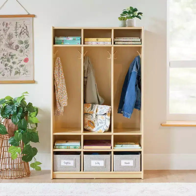 Armadietto contenitore a 3 sezioni in legno, naturale/bianco, con ganci e ripiani, per bambini