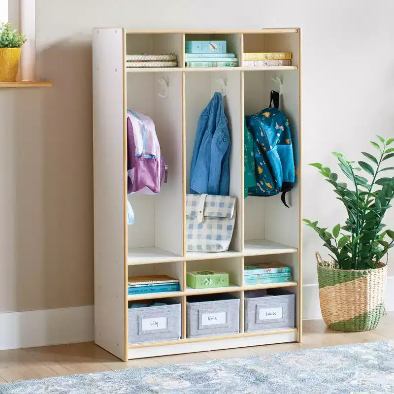 Armadietto contenitore a 3 sezioni in legno, naturale/bianco, con ganci e ripiani, per bambini