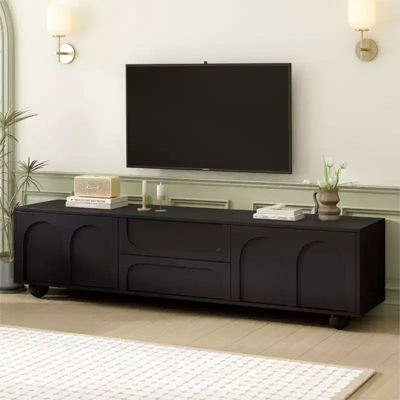 Mobile TV Nero/Bianco, Ante ad Arco, 2 Cassetti, Adatto a TV fino a 75", Montaggio per 1 Persona