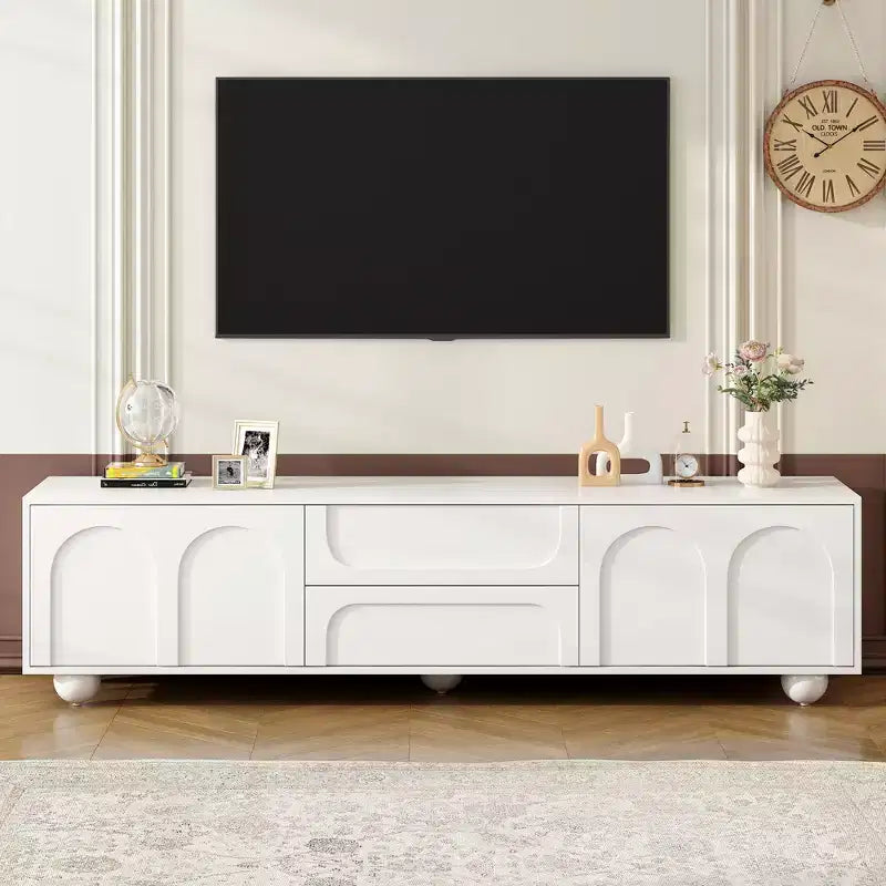 Mobile TV Nero/Bianco, Ante ad Arco, 2 Cassetti, Adatto a TV fino a 75", Montaggio per 1 Persona