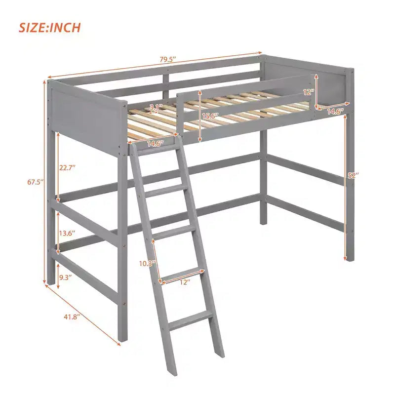 Letto a soppalco alto in legno massello con scaletta e spondine – Espresso / Grigio / Bianco – Twin, 1 posto