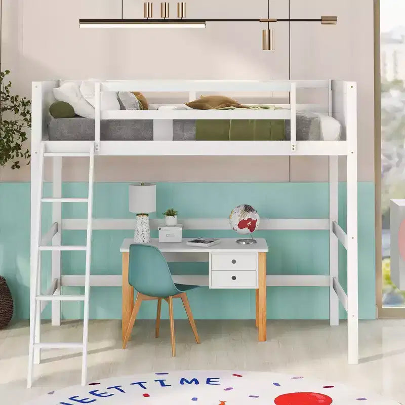 Letto a soppalco alto in legno massello con scaletta e spondine – Espresso / Grigio / Bianco – Twin, 1 posto