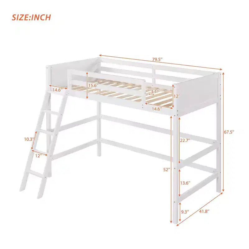 Letto a soppalco alto in legno massello con scaletta e spondine – Espresso / Grigio / Bianco – Twin, 1 posto