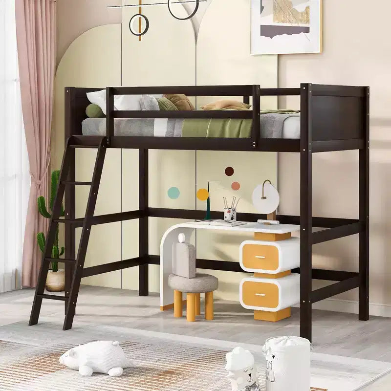 Letto a soppalco alto in legno massello con scaletta e spondine – Espresso / Grigio / Bianco – Twin, 1 posto