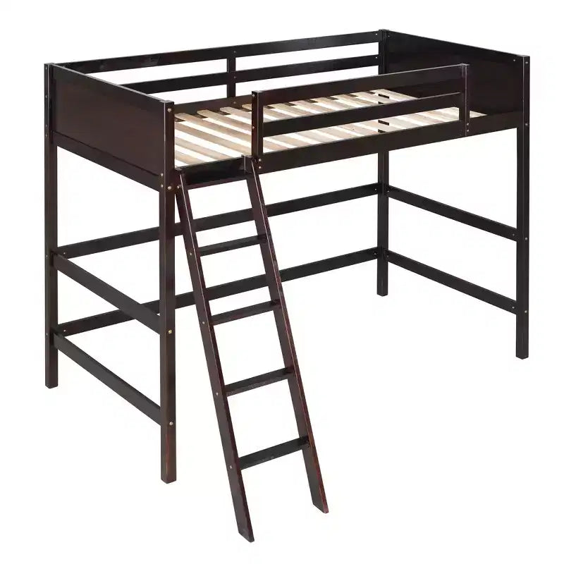 Letto a soppalco alto in legno massello con scaletta e spondine – Espresso / Grigio / Bianco – Twin, 1 posto