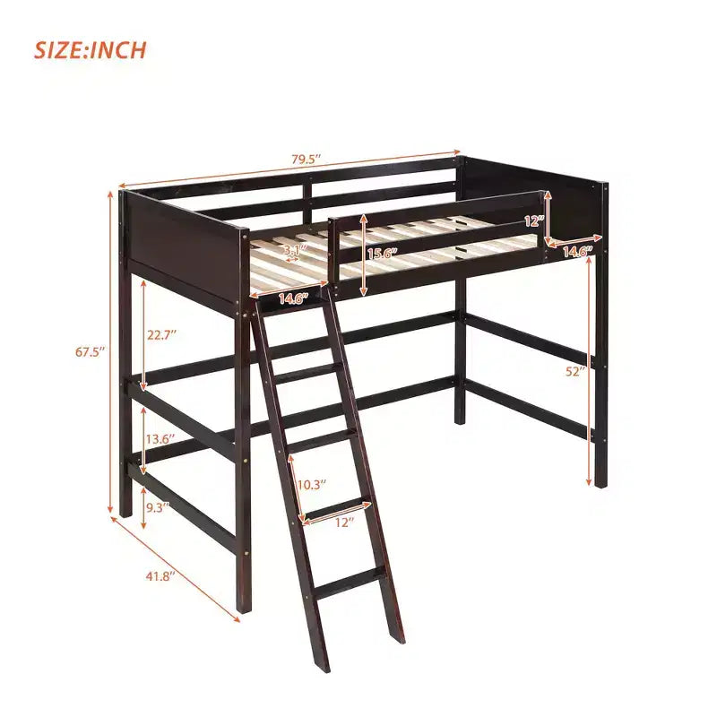 Letto a soppalco alto in legno massello con scaletta e spondine – Espresso / Grigio / Bianco – Twin, 1 posto