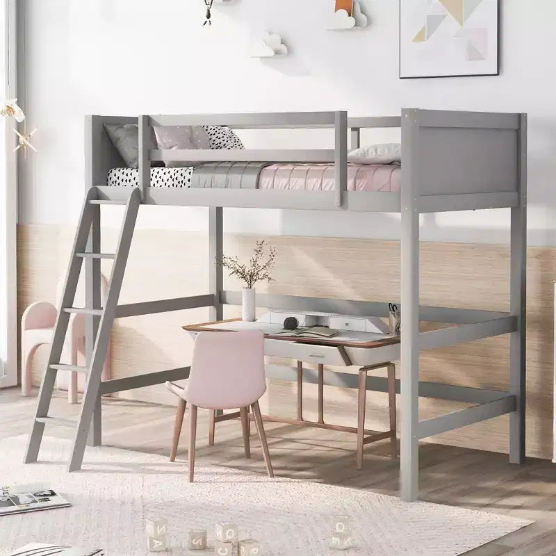 Letto a soppalco alto in legno massello con scaletta e spondine – Espresso / Grigio / Bianco – Twin, 1 posto