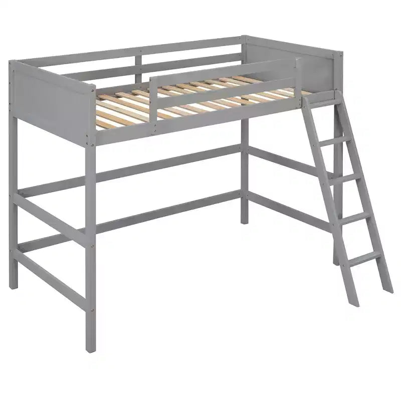 Letto a soppalco alto in legno massello con scaletta e spondine – Espresso / Grigio / Bianco – Twin, 1 posto