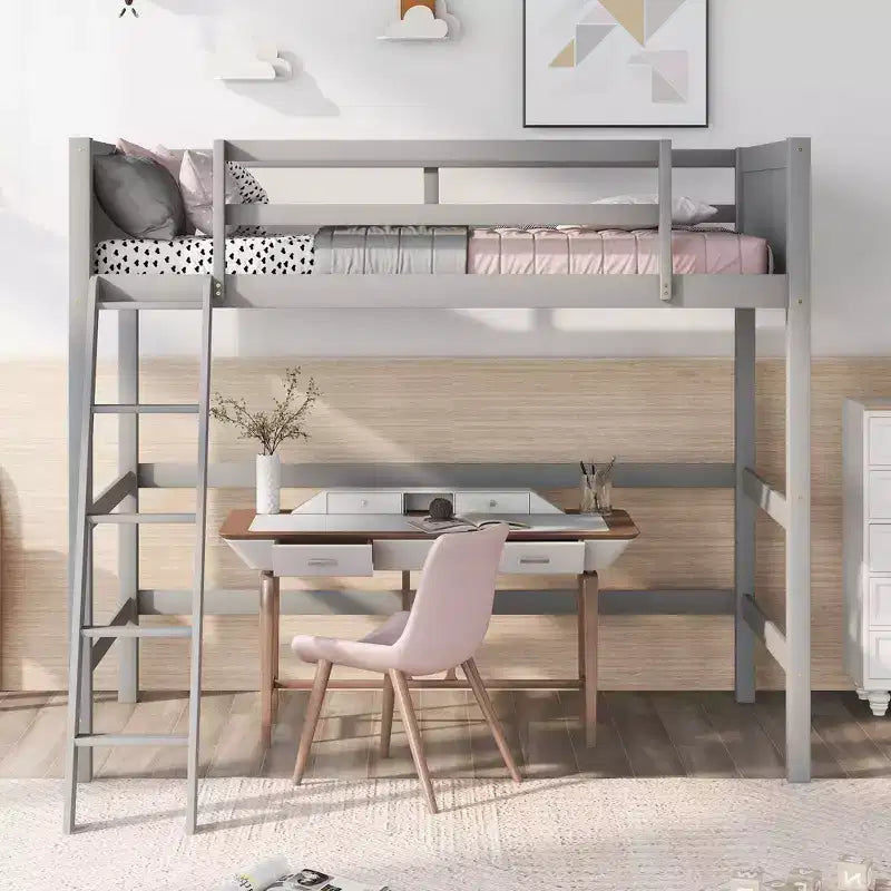 Letto a soppalco alto in legno massello con scaletta e spondine – Espresso / Grigio / Bianco – Twin, 1 posto