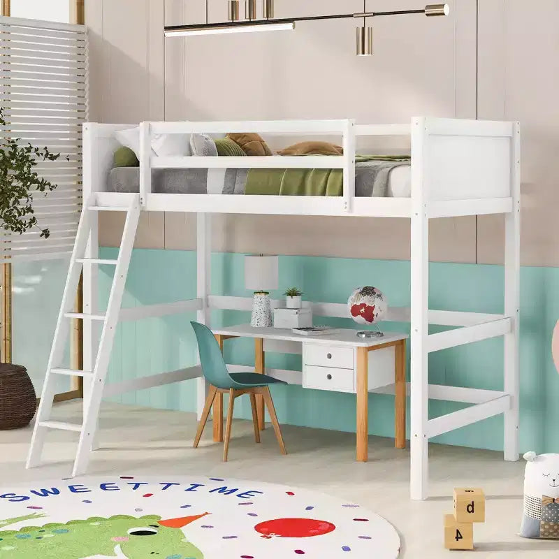 Letto a soppalco alto in legno massello con scaletta e spondine – Espresso / Grigio / Bianco – Twin, 1 posto