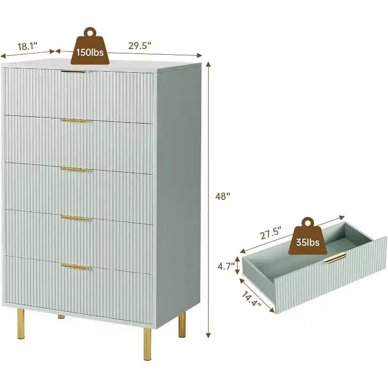 Comò a 5 cassetti scanalato con maniglie dorate – Nero / Grigio Verde Opaco / Bianco e Legno