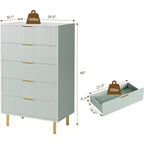 Comò a 5 cassetti scanalato con maniglie dorate – Nero / Grigio Verde Opaco / Bianco e Legno
