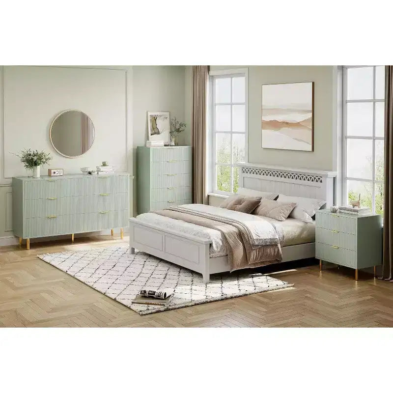 Comò a 5 cassetti scanalato con maniglie dorate – Nero / Grigio Verde Opaco / Bianco e Legno