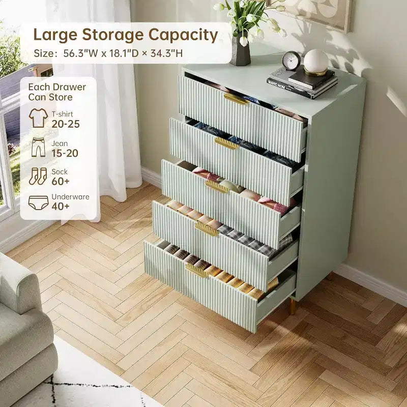 Comò a 5 cassetti scanalato con maniglie dorate – Nero / Grigio Verde Opaco / Bianco e Legno