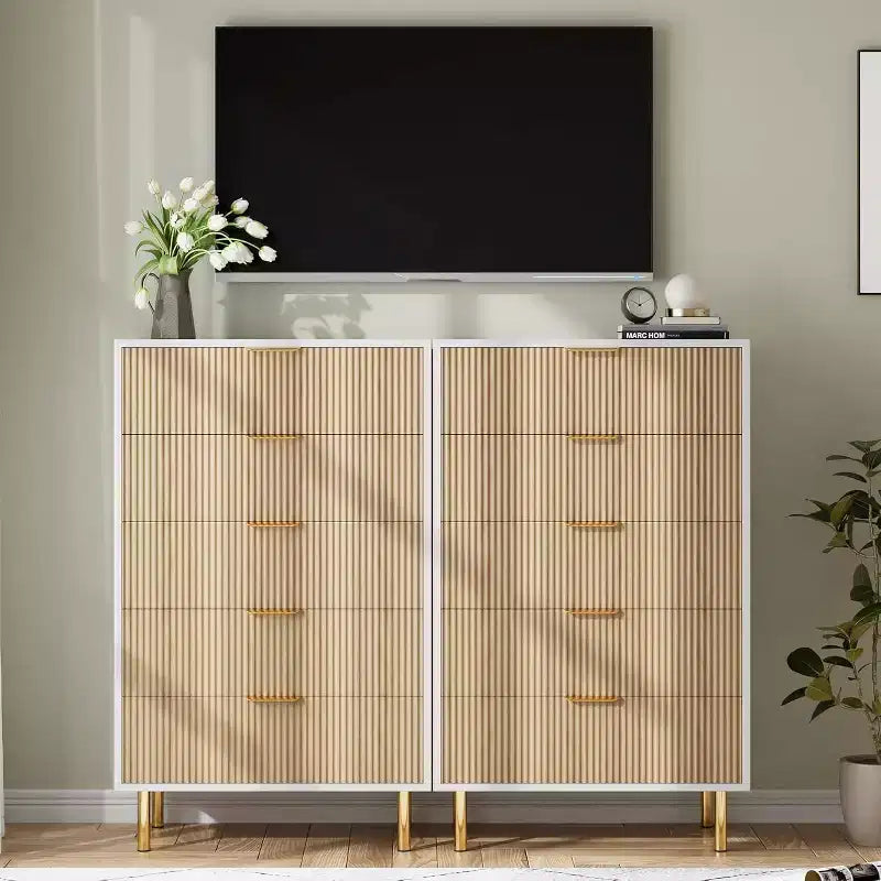 Comò a 5 cassetti scanalato con maniglie dorate – Nero / Grigio Verde Opaco / Bianco e Legno