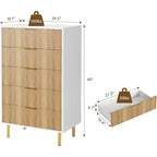 Comò a 5 cassetti scanalato con maniglie dorate – Nero / Grigio Verde Opaco / Bianco e Legno