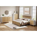 Comò a 5 cassetti scanalato con maniglie dorate – Nero / Grigio Verde Opaco / Bianco e Legno