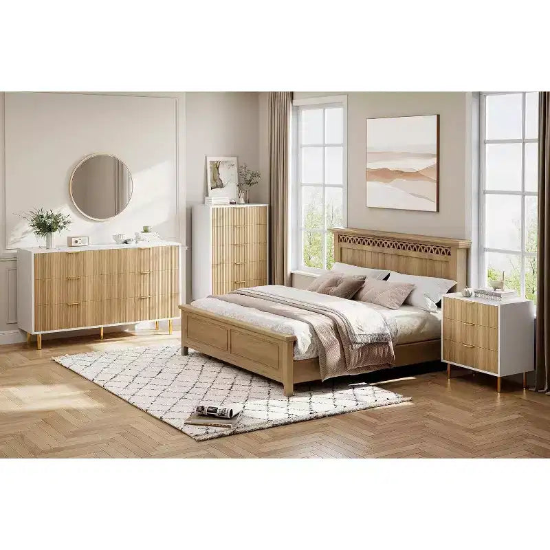 Comò a 5 cassetti scanalato con maniglie dorate – Nero / Grigio Verde Opaco / Bianco e Legno