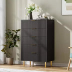 Comò a 5 cassetti scanalato con maniglie dorate – Nero / Grigio Verde Opaco / Bianco e Legno