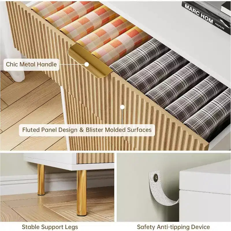 Comò a 5 cassetti scanalato con maniglie dorate – Nero / Grigio Verde Opaco / Bianco e Legno