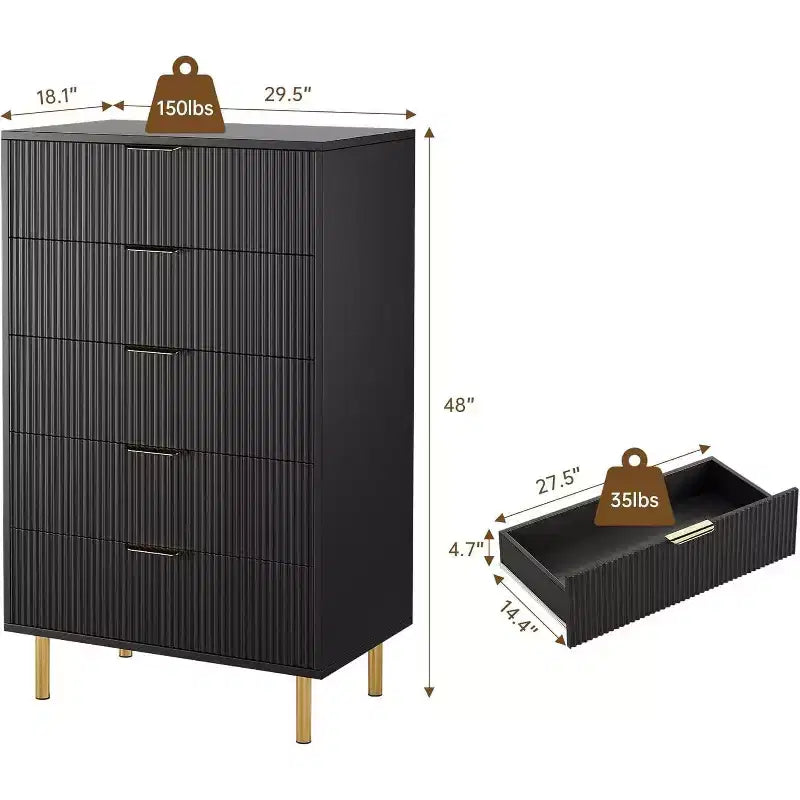 Comò a 5 cassetti scanalato con maniglie dorate – Nero / Grigio Verde Opaco / Bianco e Legno