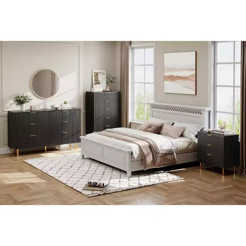 Comò a 5 cassetti scanalato con maniglie dorate – Nero / Grigio Verde Opaco / Bianco e Legno