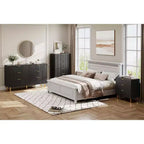 Comò a 5 cassetti scanalato con maniglie dorate – Nero / Grigio Verde Opaco / Bianco e Legno