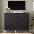 Comò a 5 cassetti scanalato con maniglie dorate – Nero / Grigio Verde Opaco / Bianco e Legno