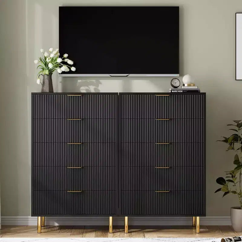 Comò a 5 cassetti scanalato con maniglie dorate – Nero / Grigio Verde Opaco / Bianco e Legno