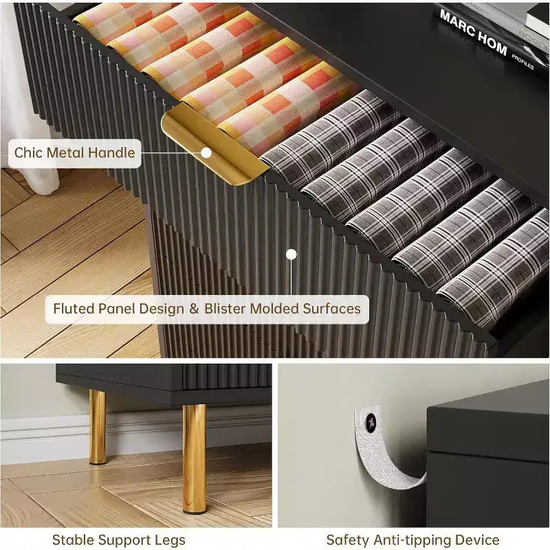 Comò a 5 cassetti scanalato con maniglie dorate – Nero / Grigio Verde Opaco / Bianco e Legno