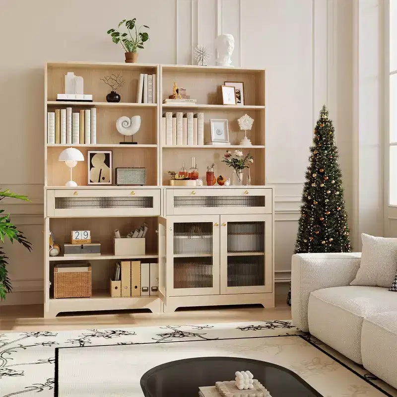 Mobile Dispensa Freestanding da Cucina Bianco/Legno con Ante in Vetro e Cassetto, Montaggio 1 Persona