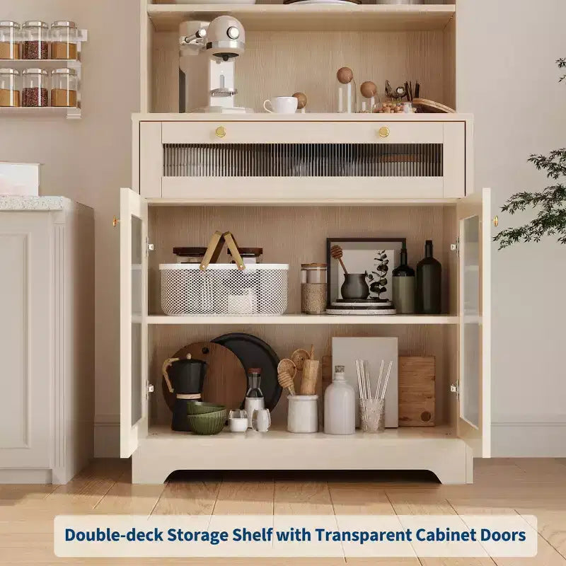 Mobile Dispensa Freestanding da Cucina Bianco/Legno con Ante in Vetro e Cassetto, Montaggio 1 Persona