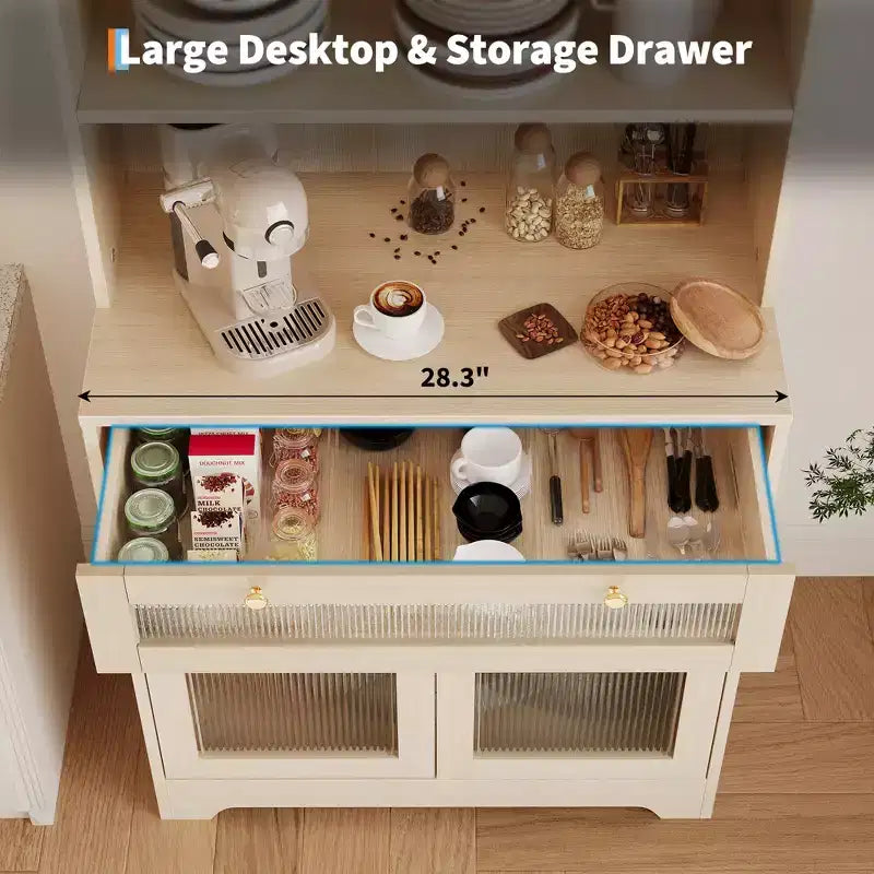 Mobile Dispensa Freestanding da Cucina Bianco/Legno con Ante in Vetro e Cassetto, Montaggio 1 Persona
