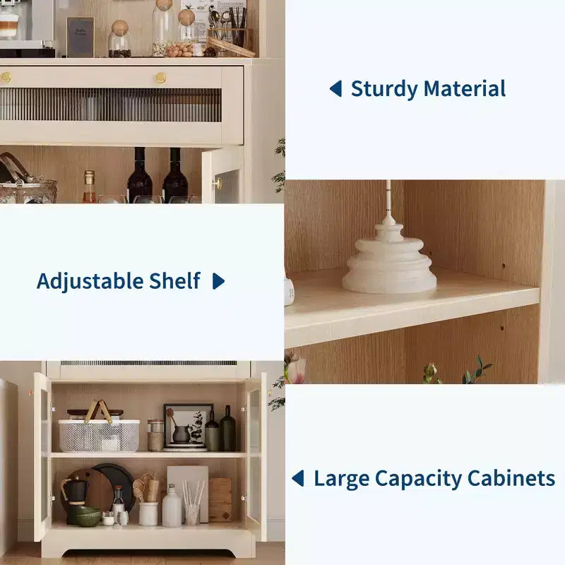 Mobile Dispensa Freestanding da Cucina Bianco/Legno con Ante in Vetro e Cassetto, Montaggio 1 Persona