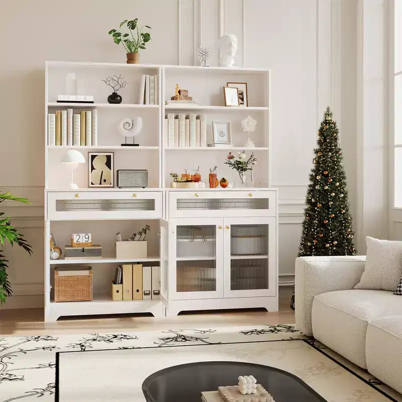 Mobile Dispensa Freestanding da Cucina Bianco/Legno con Ante in Vetro e Cassetto, Montaggio 1 Persona