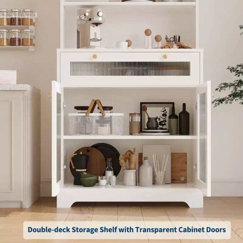 Mobile Dispensa Freestanding da Cucina Bianco/Legno con Ante in Vetro e Cassetto, Montaggio 1 Persona