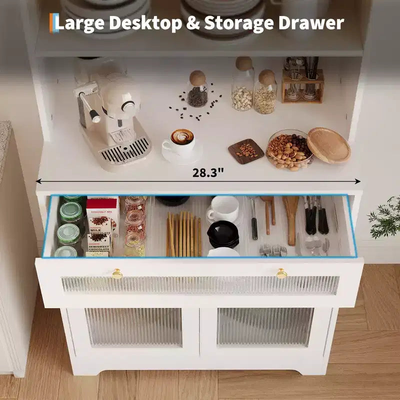 Mobile Dispensa Freestanding da Cucina Bianco/Legno con Ante in Vetro e Cassetto, Montaggio 1 Persona