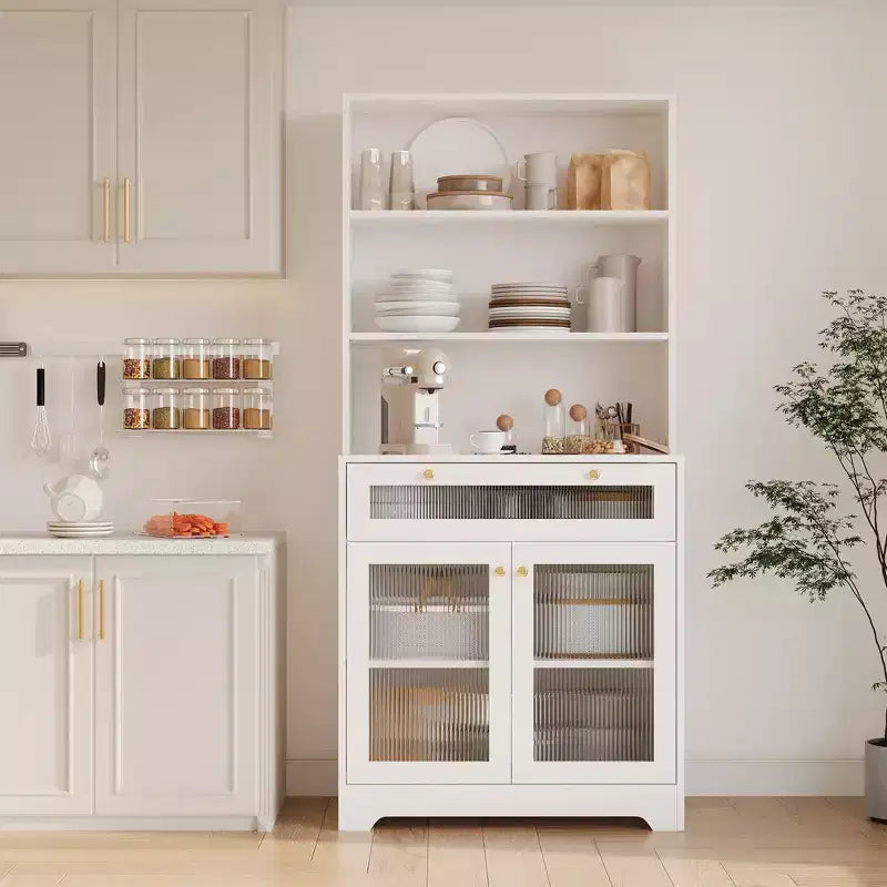62-Inch Kitchen Pantry Cabinet Freestanding Storage Cupboard with 5-Tier Shelf, Drawer,2 Glass Doors & Adjustable Shelves