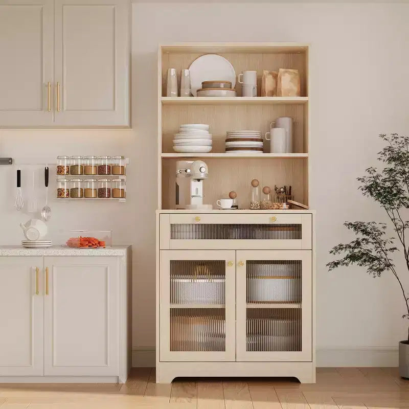 Mobile Dispensa Freestanding da Cucina Bianco/Legno con Ante in Vetro e Cassetto, Montaggio 1 Persona