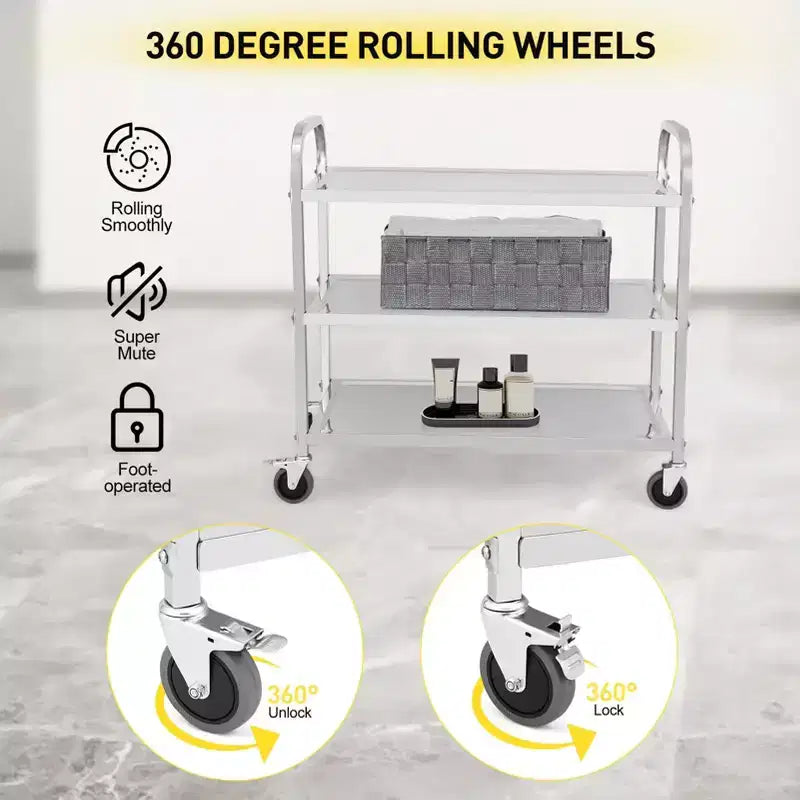 Carrello multiuso a 3 ripiani color argento con ruote bloccabili e maniglia, utilizzo da parte di 1 persona