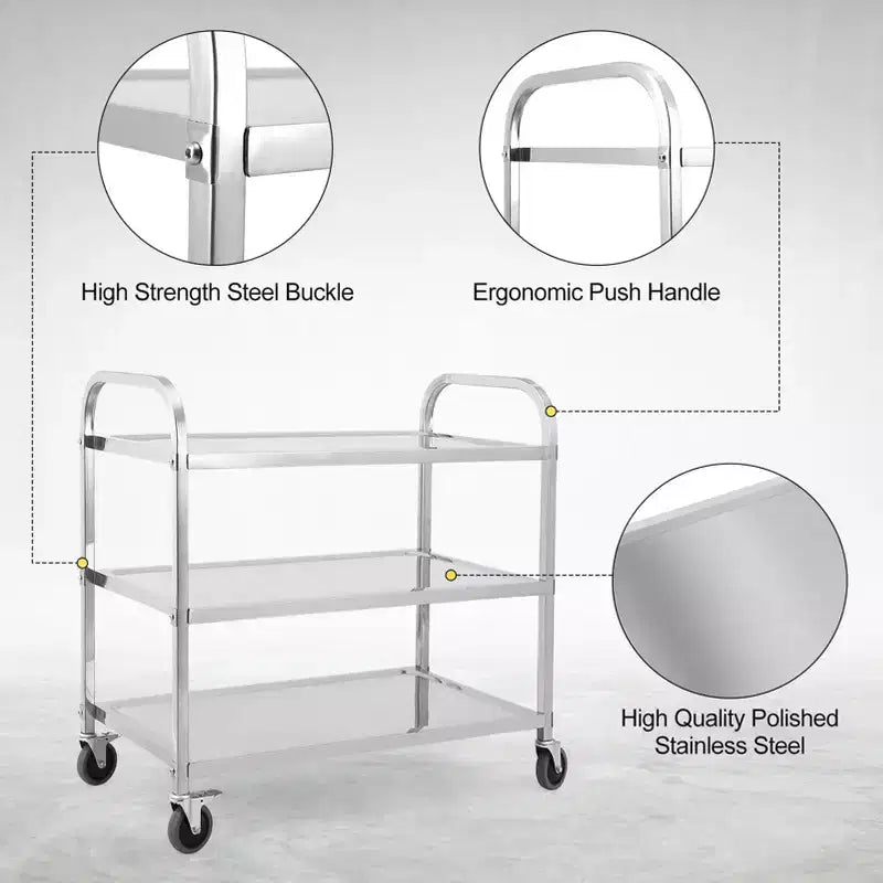Carrello multiuso a 3 ripiani color argento con ruote bloccabili e maniglia, utilizzo da parte di 1 persona