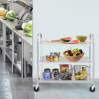Carrello multiuso a 3 ripiani color argento con ruote bloccabili e maniglia, utilizzo da parte di 1 persona