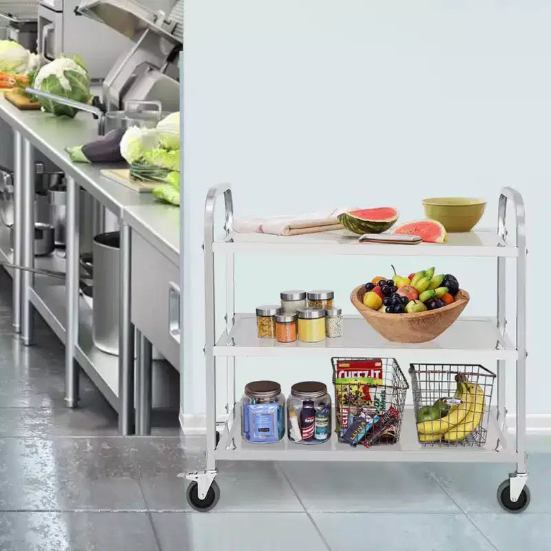 Carrello multiuso a 3 ripiani color argento con ruote bloccabili e maniglia, utilizzo da parte di 1 persona