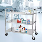 Carrello multiuso a 3 ripiani color argento con ruote bloccabili e maniglia, utilizzo da parte di 1 persona