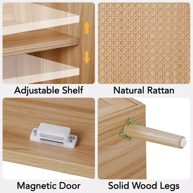 Credenza Marrone Naturale a 2 Ante in Rattan con Ripiano Regolabile, 1 Pezzo