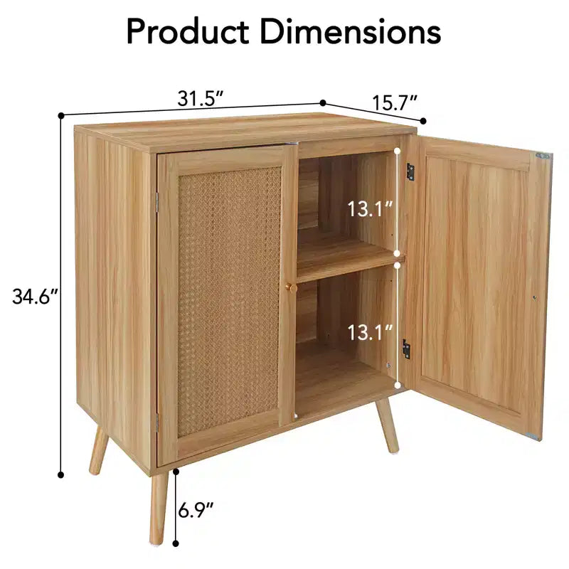 Credenza Marrone Naturale a 2 Ante in Rattan con Ripiano Regolabile, 1 Pezzo