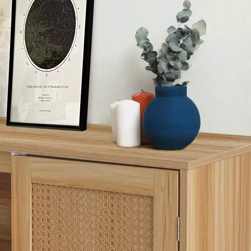 Credenza Marrone Naturale a 2 Ante in Rattan con Ripiano Regolabile, 1 Pezzo