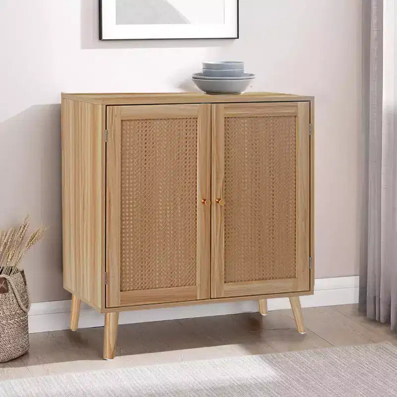 Credenza Marrone Naturale a 2 Ante in Rattan con Ripiano Regolabile, 1 Pezzo