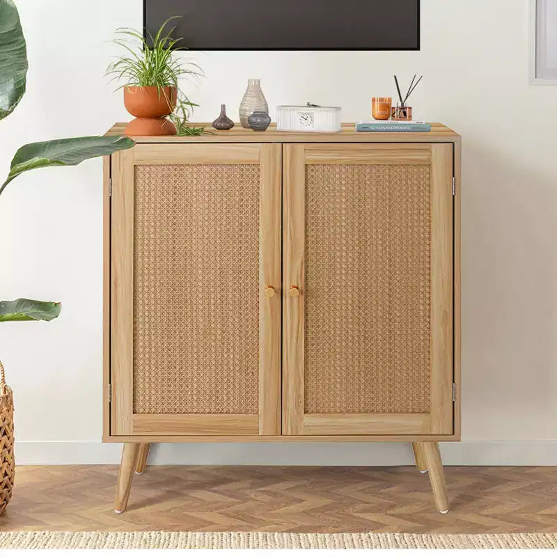Credenza Marrone Naturale a 2 Ante in Rattan con Ripiano Regolabile, 1 Pezzo
