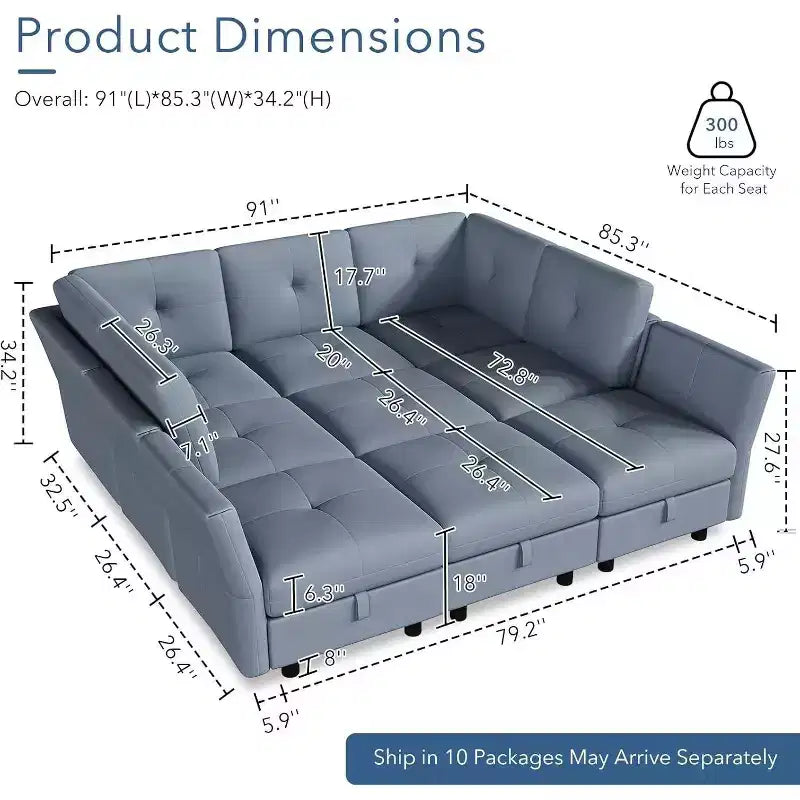 Divano componibile a U in velluto blu, a 9 posti con pouf